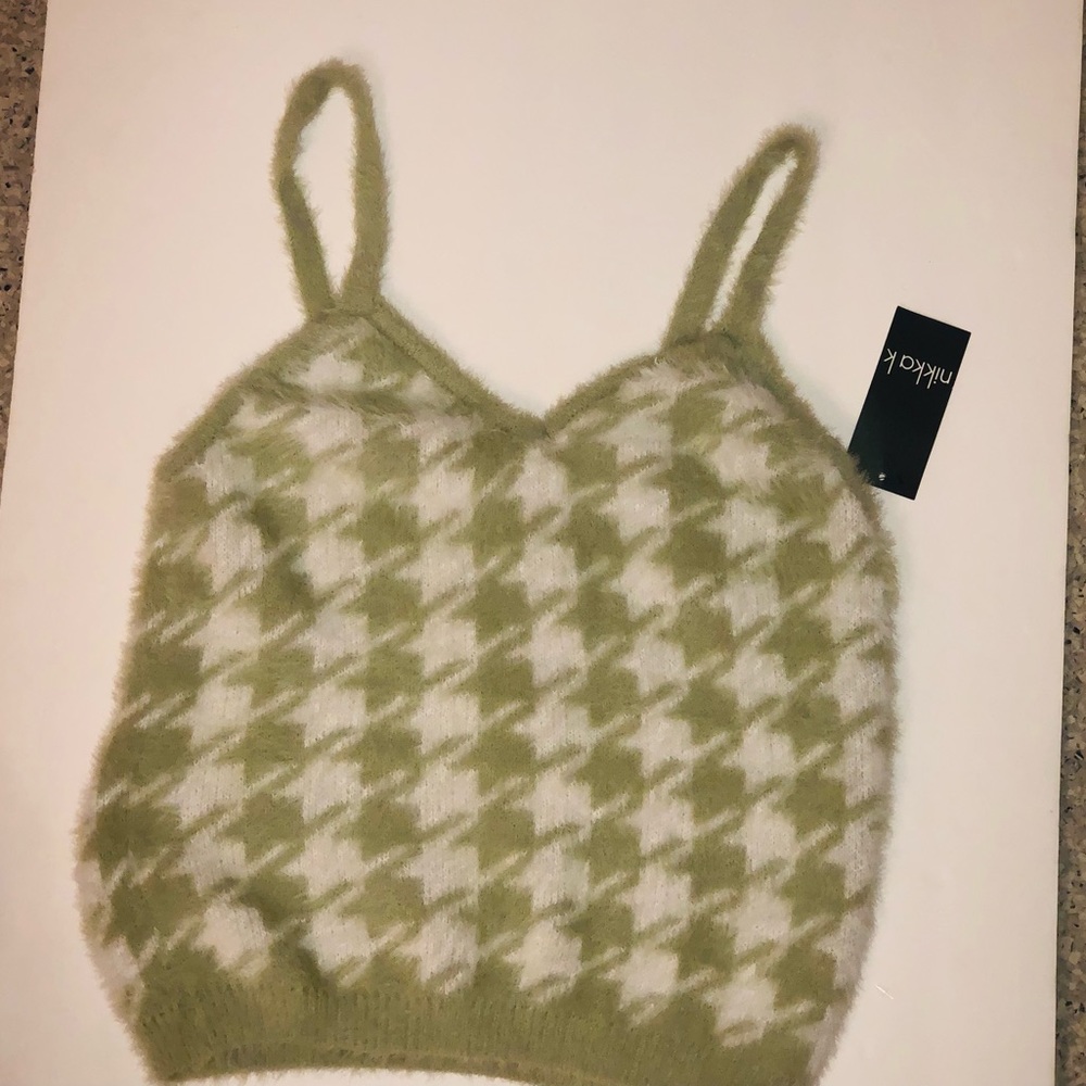 NWT Nikka K Y2K Fuzzy Houndstooth Spaghetti Cropped Tank Top Size L Sage Gr/Wht - Picture 2 of 11